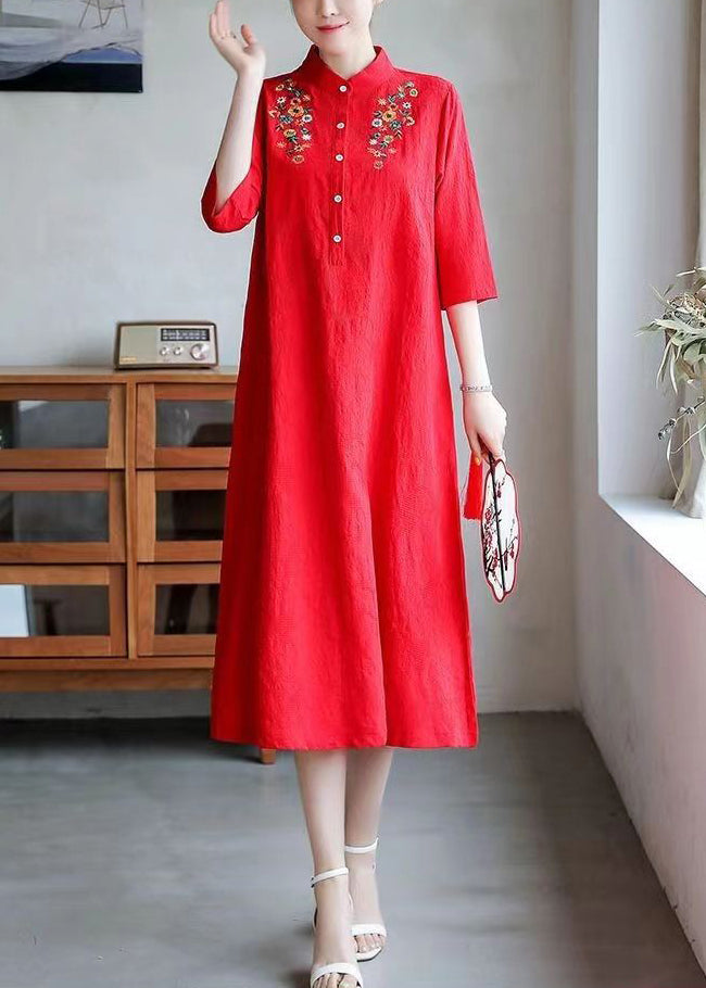 Red Embroidered Button Cotton Dress Half Sleeve