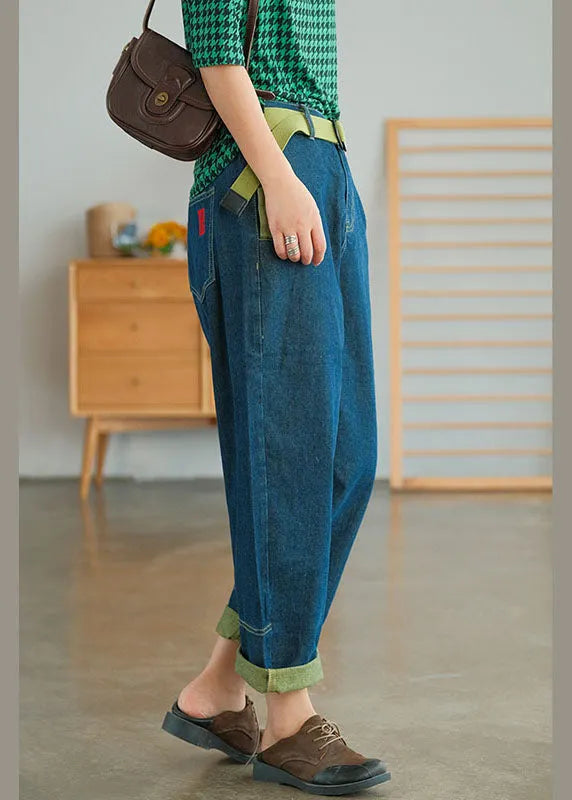 Blue Pockets Patchwork Harem Fall Pants