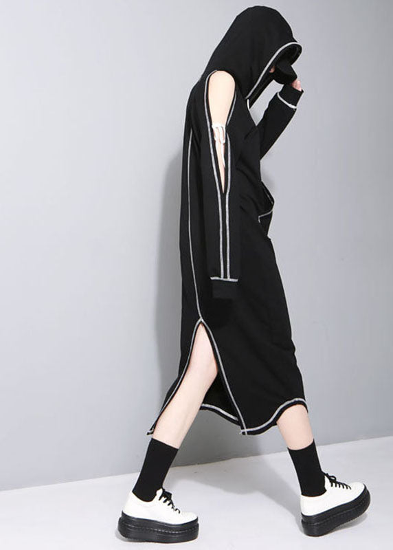 New Black Hooded Pockets Asymmetrical Design Fall Sweatshirts Dresses