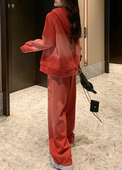 Red Gradient Color Hooded Letter Warm Fleece Two Pieces Set Winter