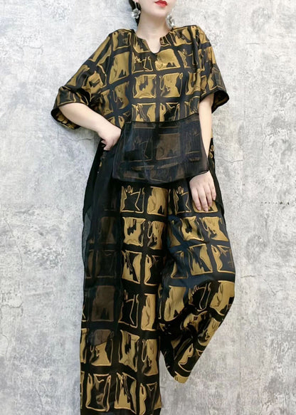 Loose Gold Ruffled Print Tops and Pants Cotton Two Pieces Set Summer