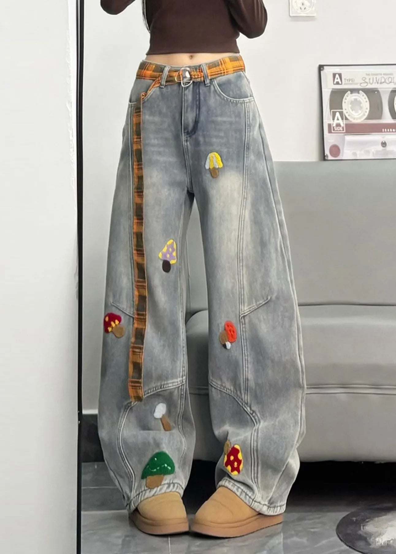 Fitted Grey Embroidered Patchwork Denimwarm Fleece Pants Winter
