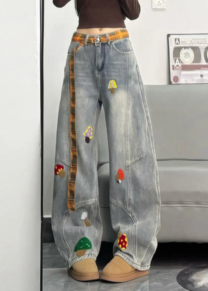 Fitted Grey Embroidered Patchwork Denimwarm Fleece Pants Winter