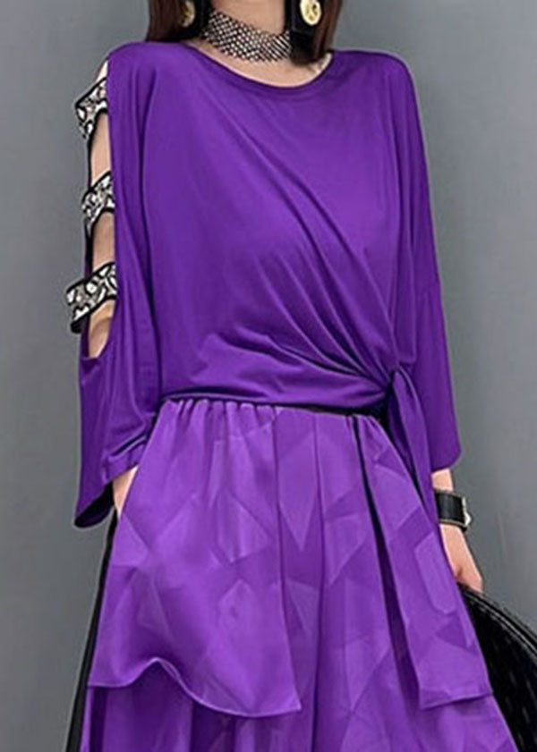 Novelty Purple Asymmetrical Design Patchwork Off the Shoulder Cotton Two Pieces Set Summer
