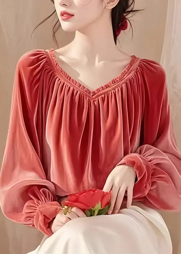 French Red V Neck Wrinkled Silk Velour Top Lantern Sleeve