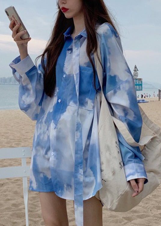 Blue Tie Dye Button Patchwork Cotton Shirt Top Fall