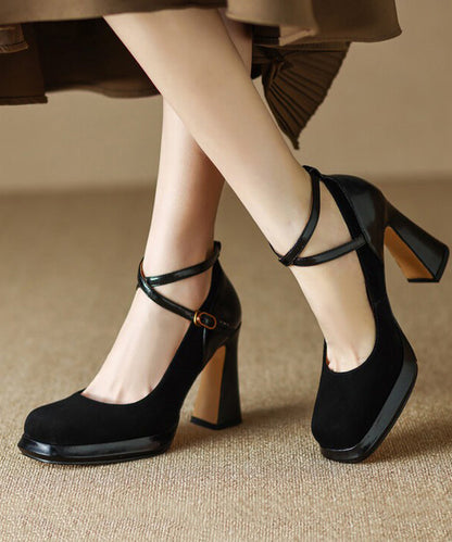 Brown High Heels Suede Cross Strap Splicing