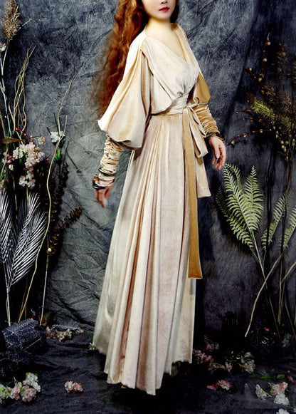 Yellow V Neck Exra Large Hem Silk Velour Cinch Long Dresses Long Sleeve