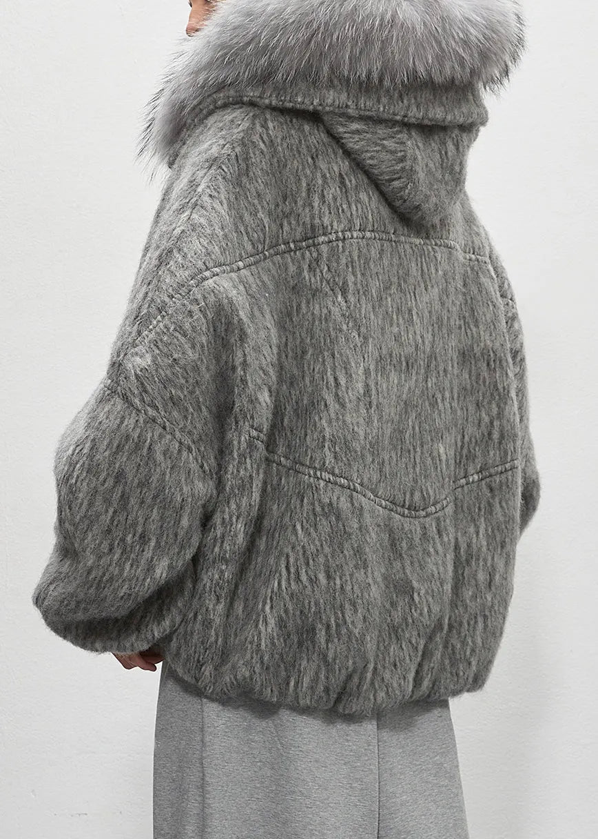 Grey Fur Collar Zippered Duck Down Puffer Coat Winter