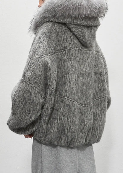 Grey Fur Collar Zippered Duck Down Puffer Coat Winter