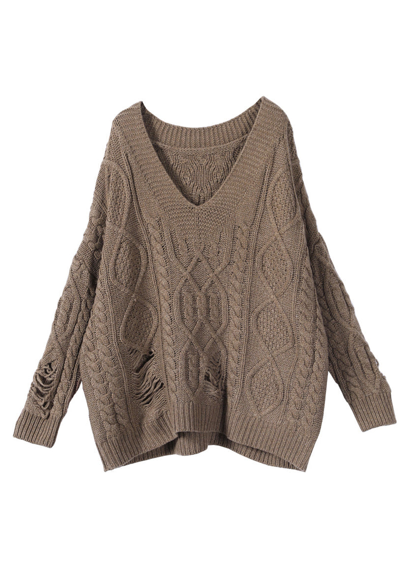 Khaki V Neck Cotton Knit Sweaters Fall