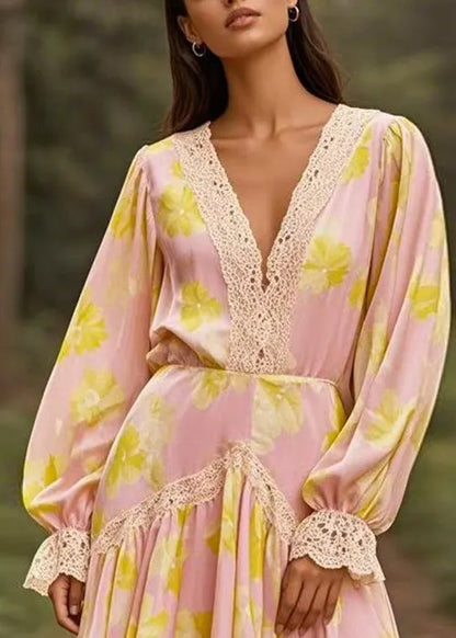 Pink V Neck Lace Wrinkled Patchwork Chiffon Mid Dress Spring