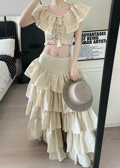 Fitted Khaki Layered Ruffled Lace Up Cotton Three Piece Set Outfits Summer