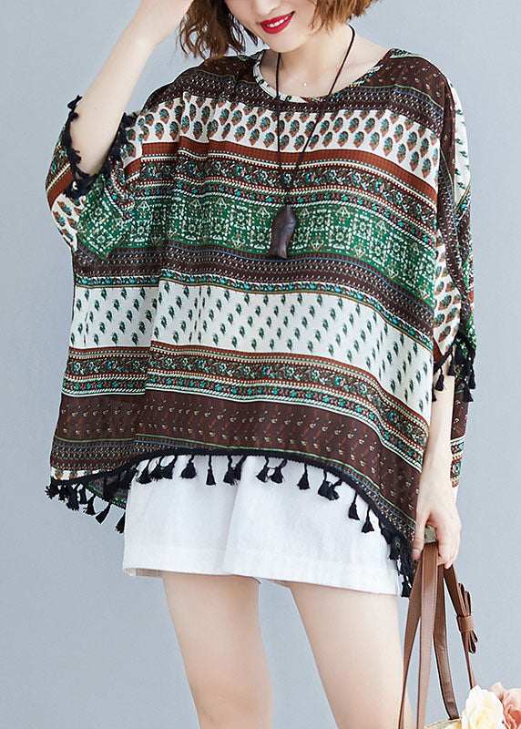 Bat Wing Sleeve O-neck Tasseled Patchwork Fall Blouse Top