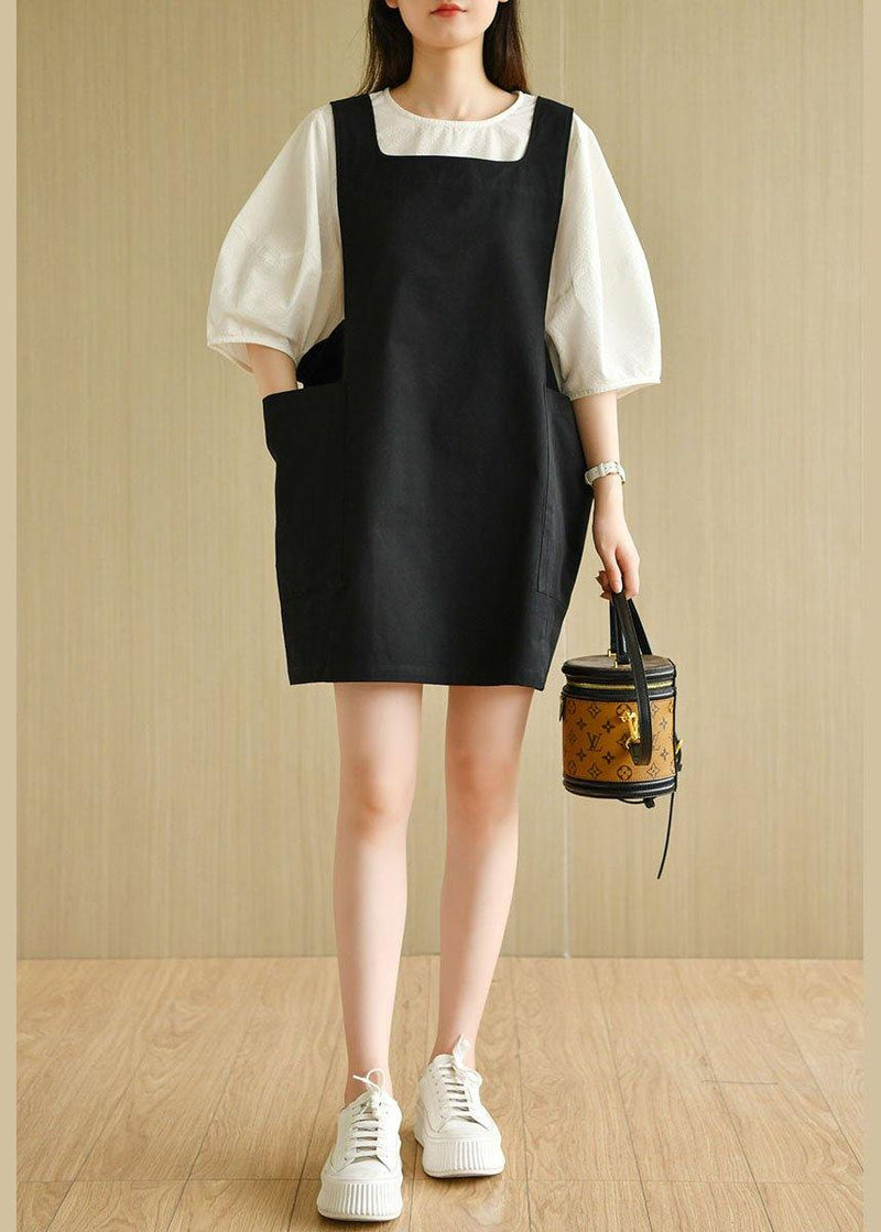 Modern Black Square Collar Pockets Summer Cotton Dresses Sleeveless
