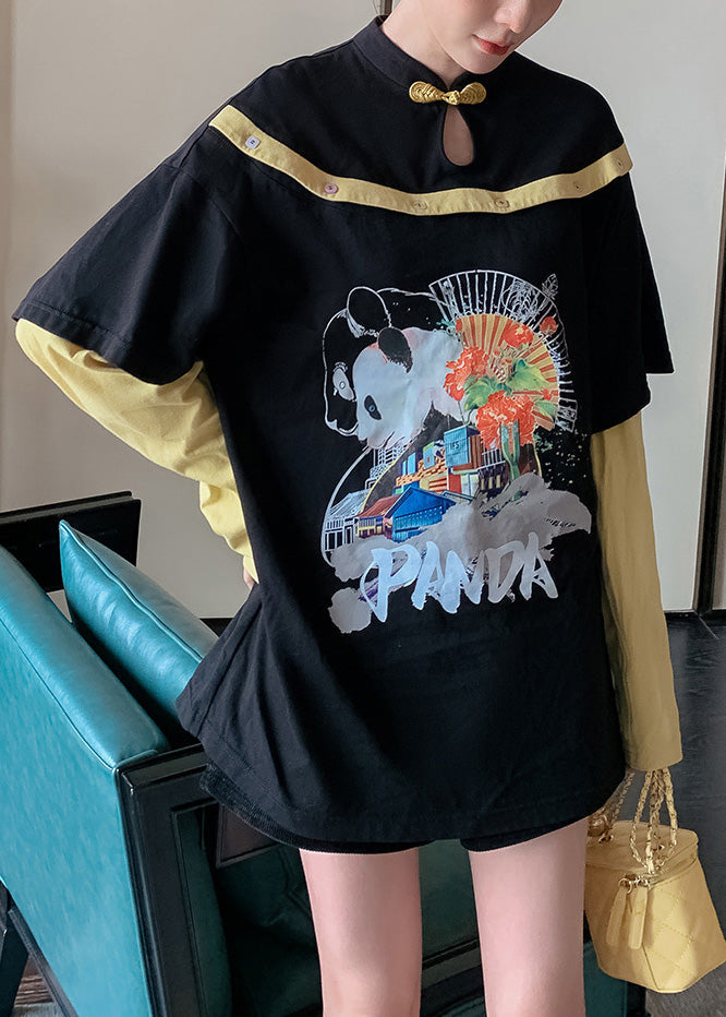 Black O-neck Print Patchwork Button Top Long Sleeve