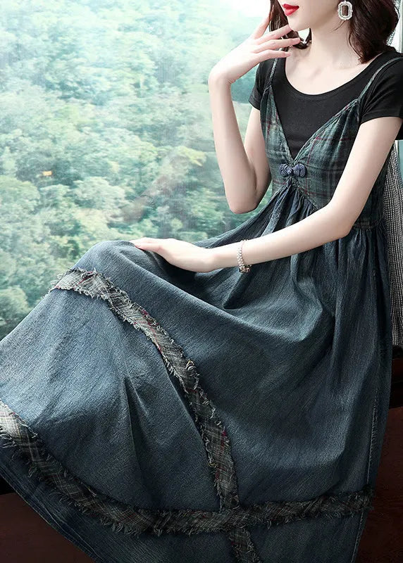 Blue Cinched V Neck Patchwork Spaghetti Strap Cotton Denim Dresses Spring