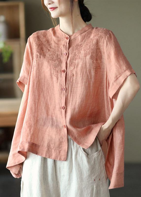 Orange Summer Side Open Stand Collar Ramie Loose Short Sleeve