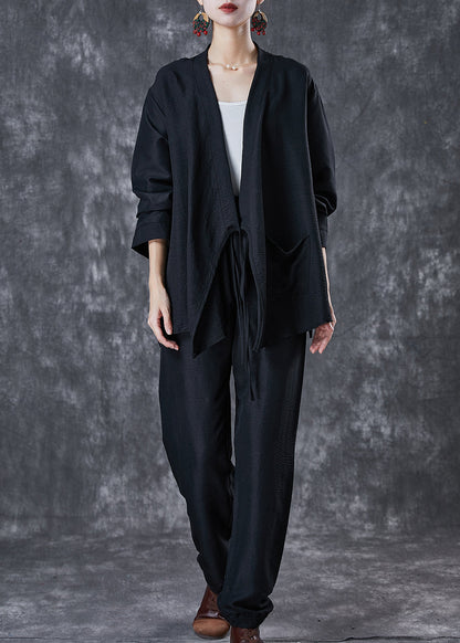 Black Oversized Tie Waist Linen Two Pieces Set Fall