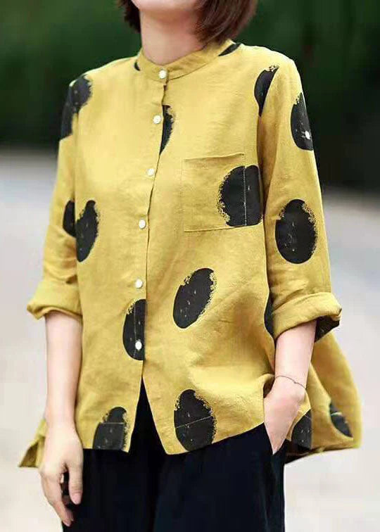 Red Dot Print Patchwork Linen Top Button Stand Collar Summer