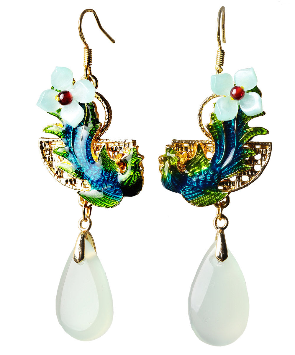 Art Light Green Jade Cloisonne Gem Stone Drip Drop Earrings