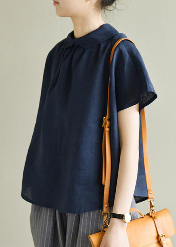 Simple Navy Peter Pan Collar Color Linen Shirts Short Sleeve
