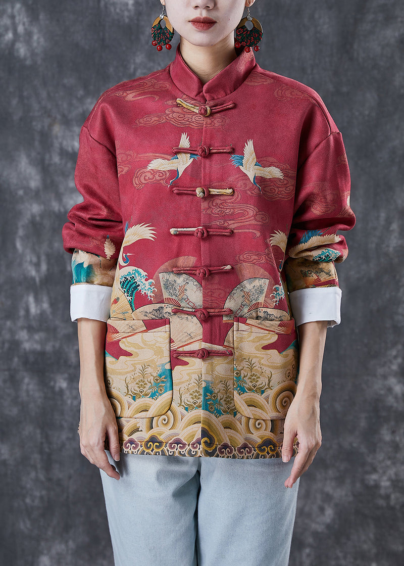 Red Mandarin Collar Print Cotton Shirt Top Spring