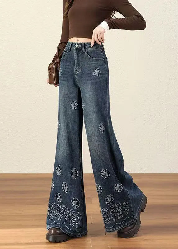 Handmade Blue Embroidered Hollow Out Denim Flared Trousers Fall