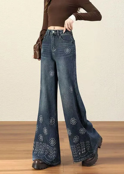 Handmade Blue Embroidered Hollow Out Denim Flared Trousers Fall