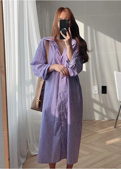 Purple Peter Pan Collar Striped Cotton Shirt Dresses Spring