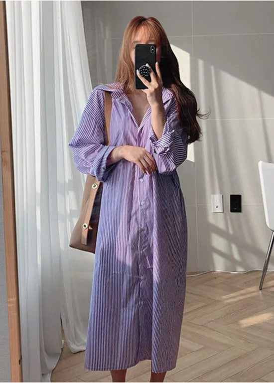 Purple Peter Pan Collar Striped Cotton Shirt Dresses Spring