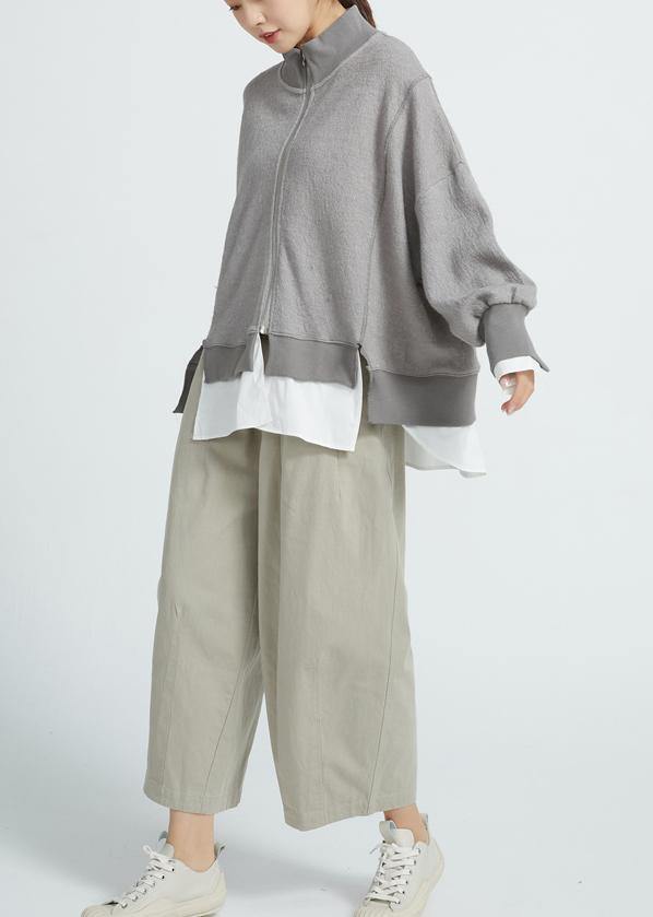 Italian Gray Cotton Crane Tops False Two Pieces Knee Spring Tops