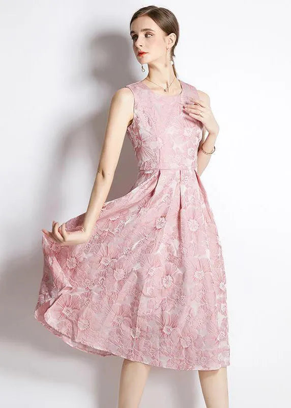 Pink Jacquard Exra Large Hem Silk Holiday Dress Sleeveless