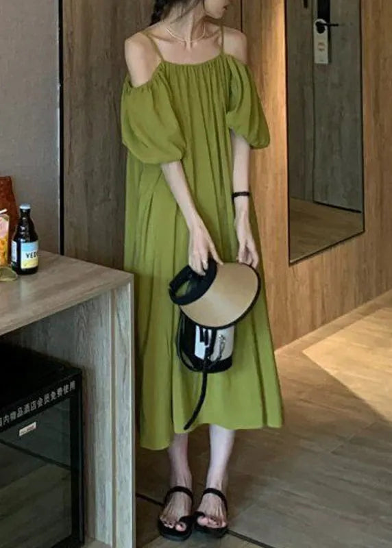 Loose Green Cold Shoulder Cotton Spaghetti Strap Dress Summer
