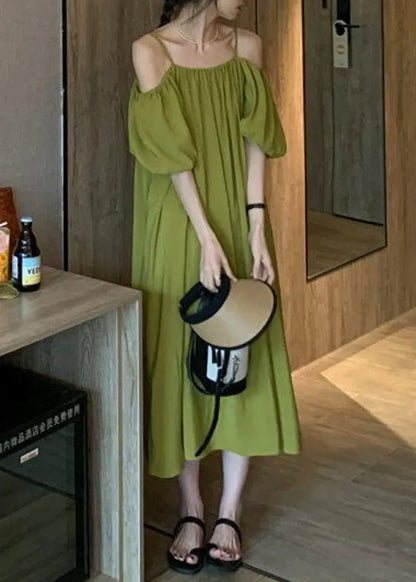 Loose Green Cold Shoulder Cotton Spaghetti Strap Dress Summer