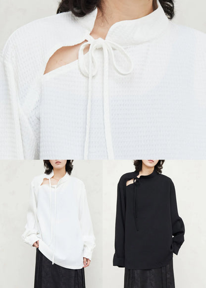 White Stand Collar Patchwork Shirts Fall