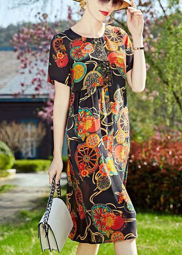 Black O-neck Print Wrinkled Silk Mid Dresses Short Sleeve