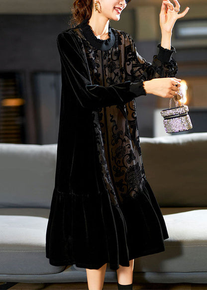 Black O-neck Embroidered Patchwork Silk Velour Maxi Dress Long Sleeve