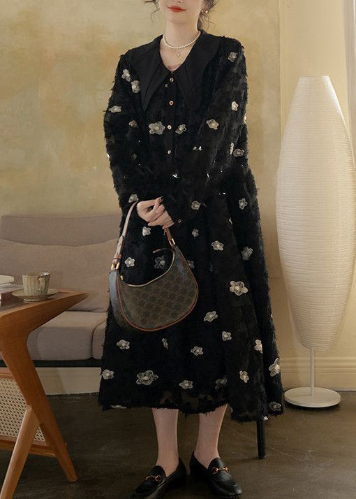 Black Peter Pan Collar Embroideried Cotton Long Dress Spring