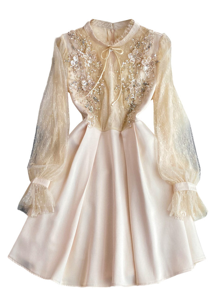 Apricot Stand Collar Tulle Patchwork Nail Bead a Line Maxi Dresses Long Sleeve