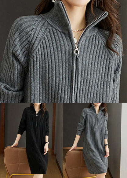 Black Zippered Patchwork Woolen Knit Dress Fall