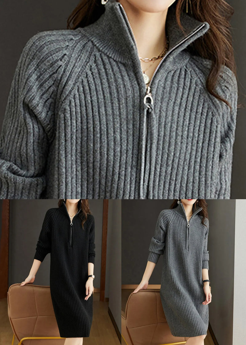 Black Zippered Patchwork Woolen Knit Dress Fall