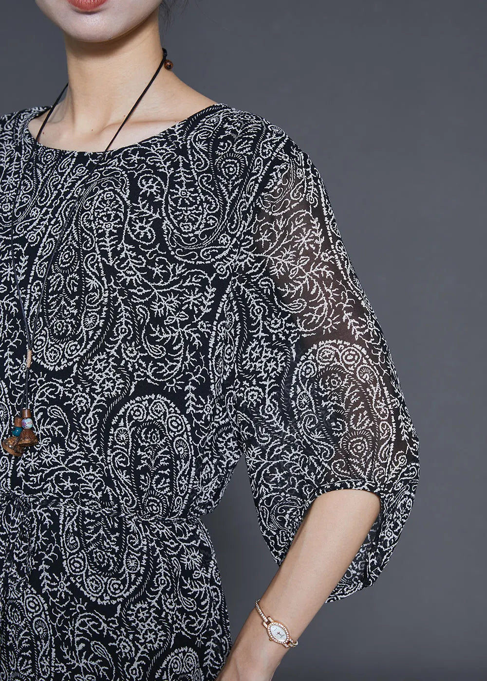 Black Tie Waist Print Chiffon Dress Summer