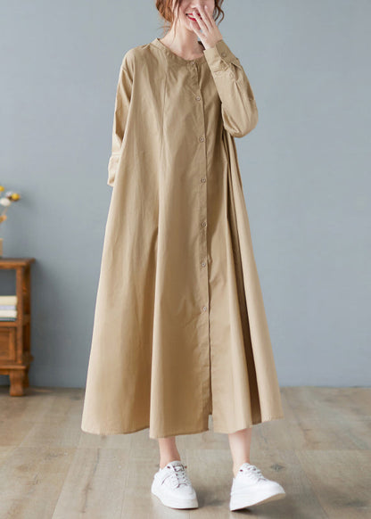Loose Khaki O-neck Button Wrinkled Pocket Shirt Dresses Long Sleeve Fall