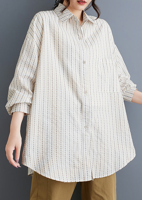 White Peter Pan Collar Striped Loose Cotton Shirt Spring
