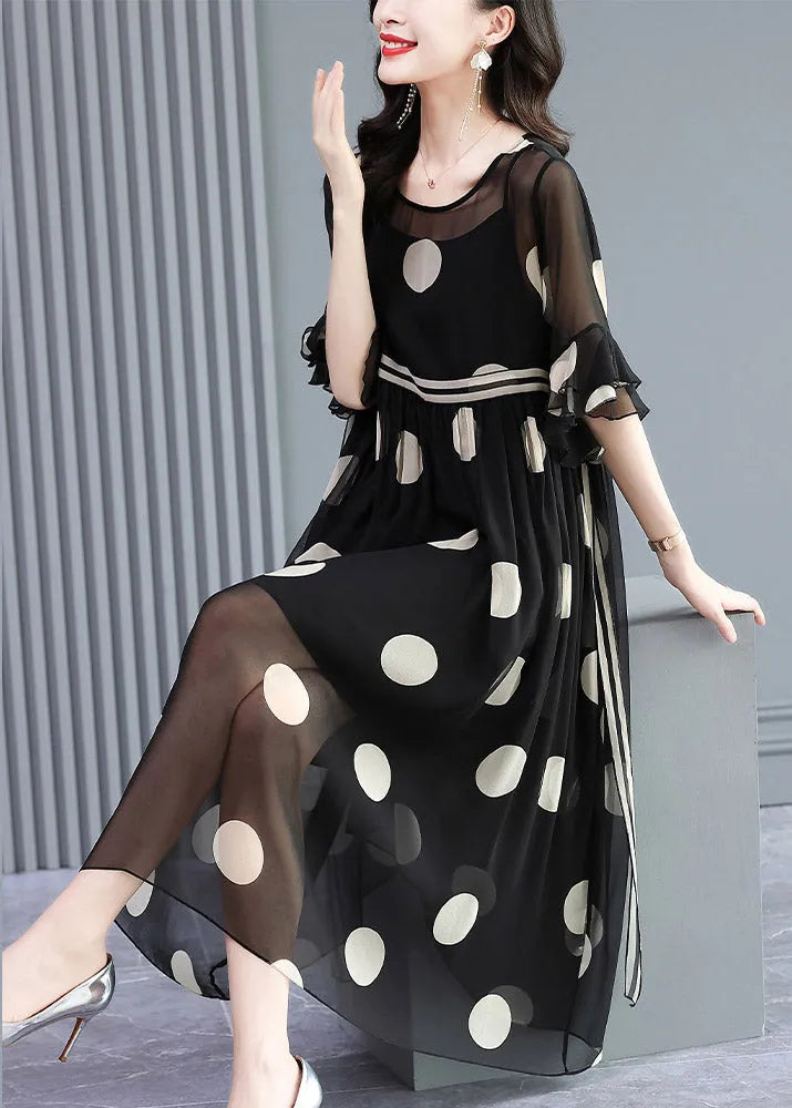 French Black O-neck Dot Print Silk Dress Two Pieces Set Flare Sleeve