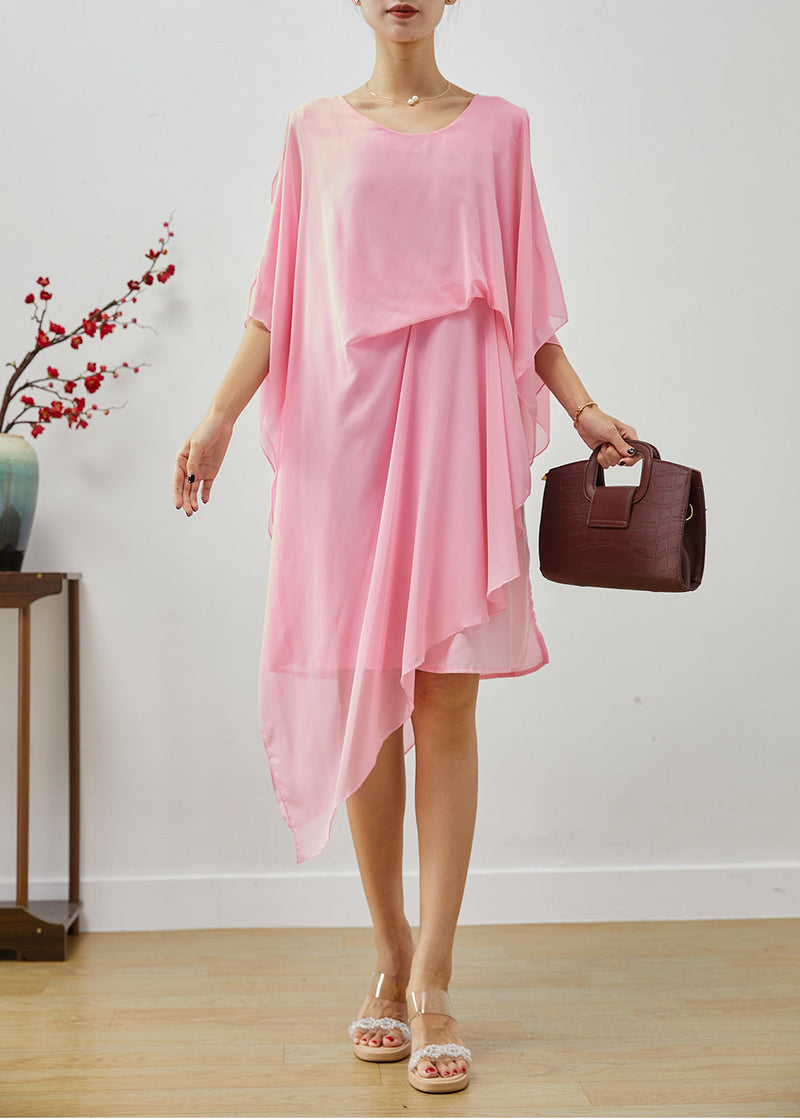 Pink Asymmetrical Cold Shoulder Chiffon Beach Dresses Summer