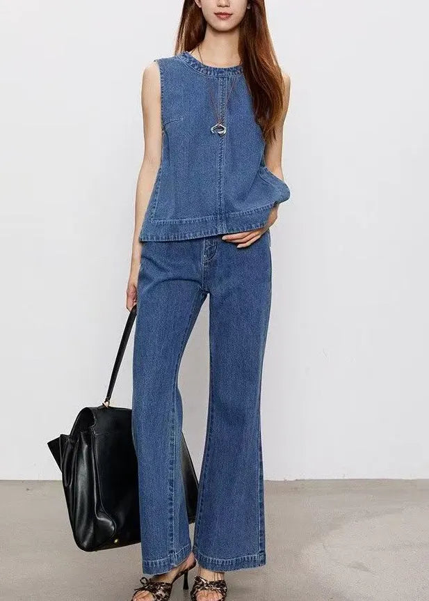 Blue Patchwork Denim Top and Jeans Two Pieces Set Sleeveless