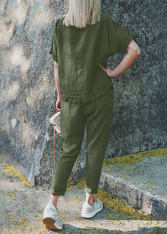 Khaki Ruffled Patchwork Top and Crop Pants Two Pieces Set Short Sleeve