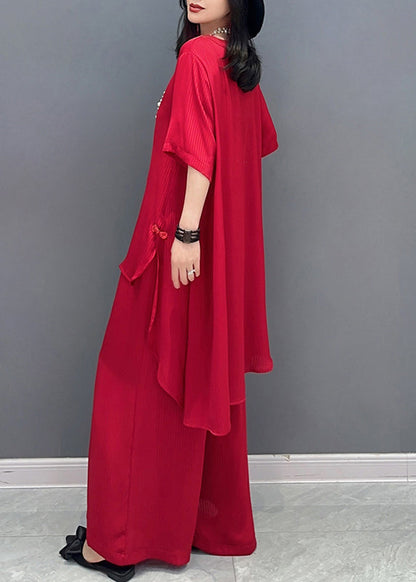 Diy Red V Neck Asymmetrical Shirts and Wide Leg Pants Two Piece Set Spring